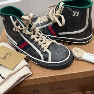 Gucci Black GG Canvas High-Top Sneakers with Red & Blue Web